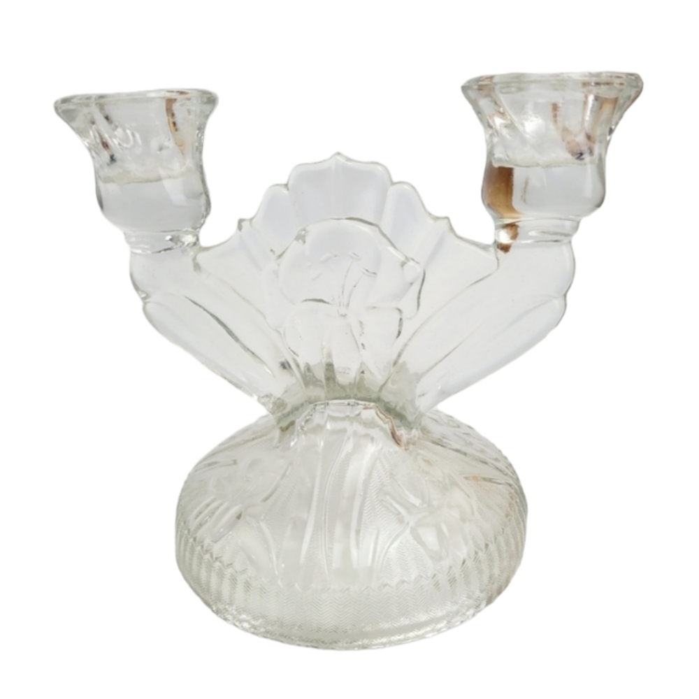 Vintage Art Deco Clear Pressed Glass Candlestick Holder Iris Herringbone Pattern